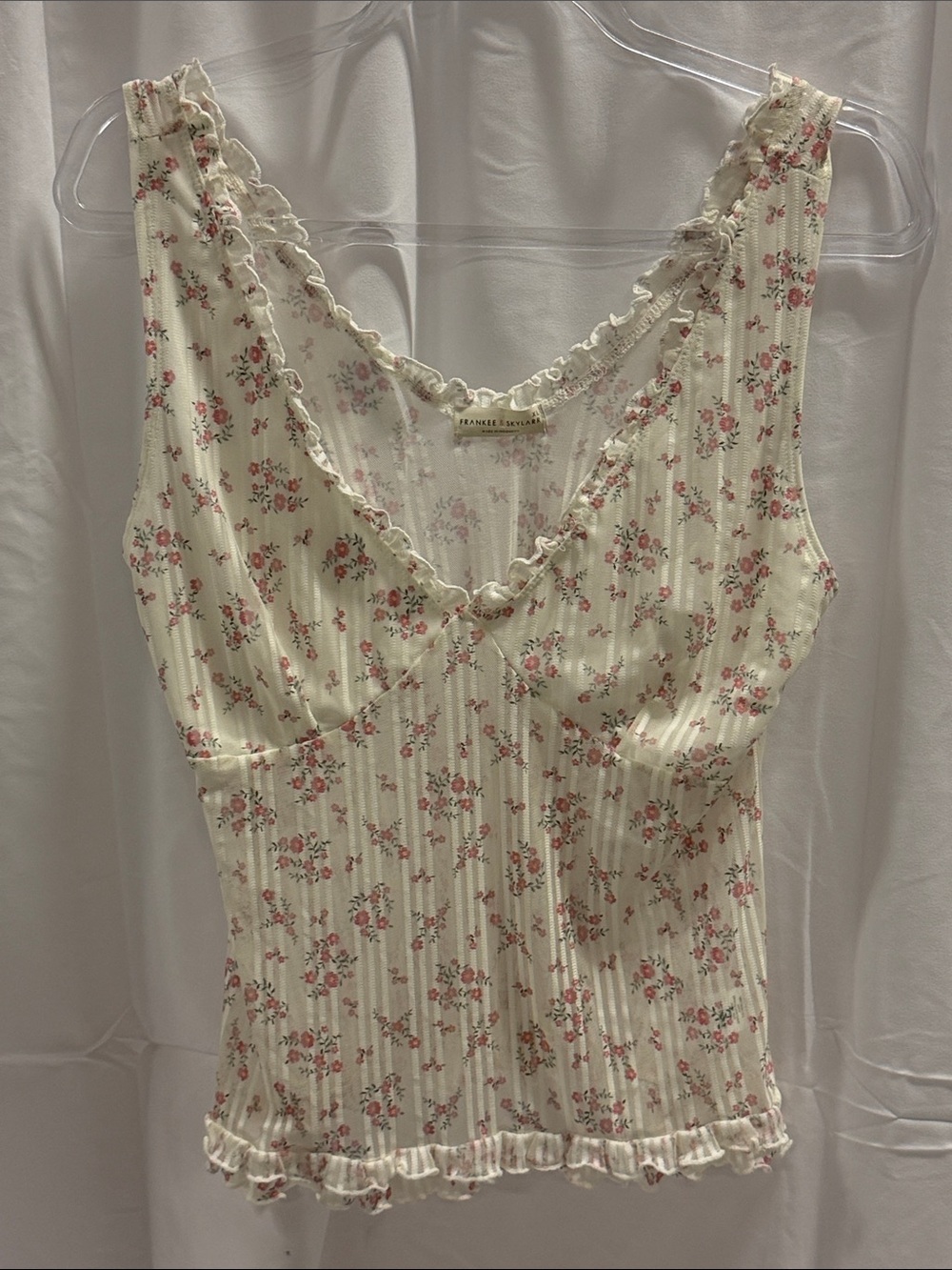 Frankee & Skylarr Cream Floral Ruffle-Trim Camisole Cottagecore Rose Top